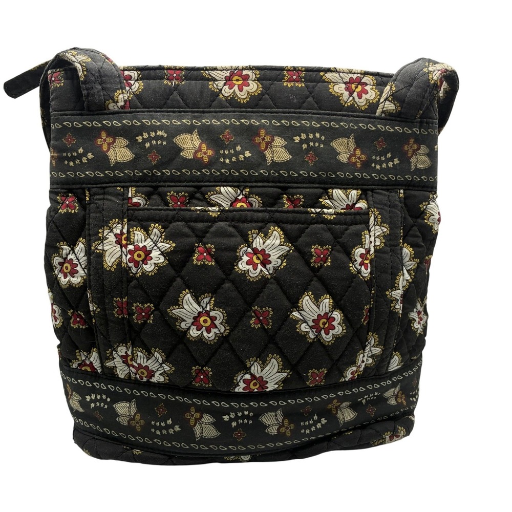 Shoulder Bag Small Black Floral Quilted Cotton Multi Zip Pocket
